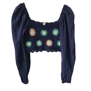 Aerie US Womens XS Crochet Floral Boho Festival Crop Top Puff Sleeve Blue